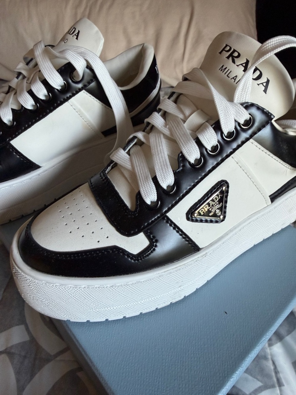 Prada Black and White Platform Lace-Up Sneakers